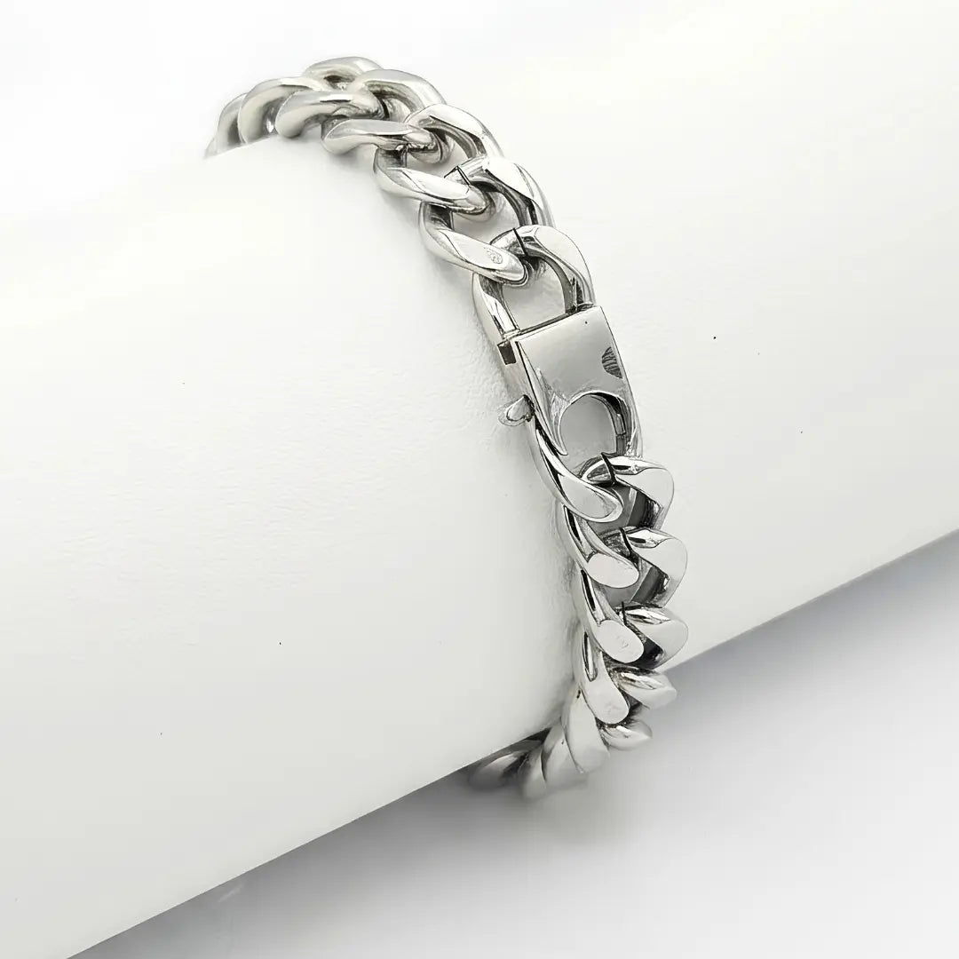 Silver Stainless Steel Cuban Link Bracelet – 23cm 14mm Bold Curb Chain with Double Safety Box Clasp for Men