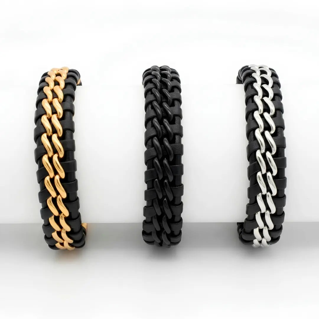 Braided Leather & Metal Chain Bracelet – 21cm 18mm Multi-Strand Stainless Steel Cuff with Magnetic Clasp for Men