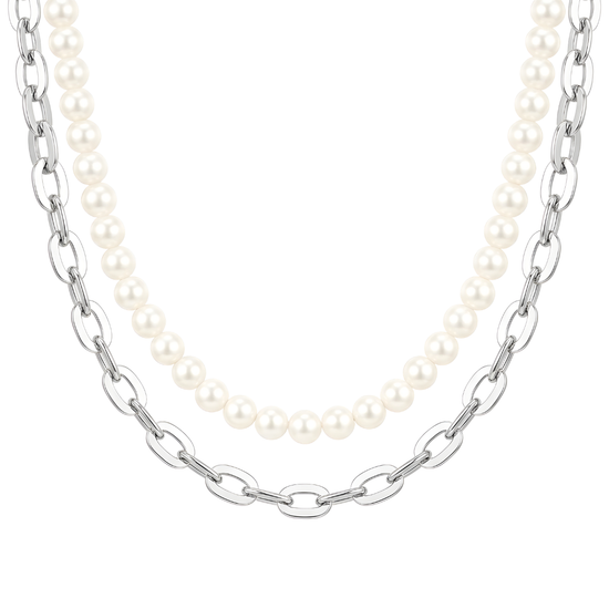 Silver Large Oval Link & Pearl Duo Layered Necklace Set – Chunky Paperclip Chain & Pearl Necklace Set for Men & Women