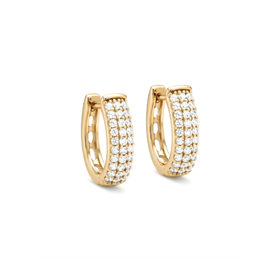 18K Gold Filled Triple-Row Micro-Pavé CZ Huggie Earrings – Sparkling Cubic Zirconia Huggie Hoop Earrings for Women