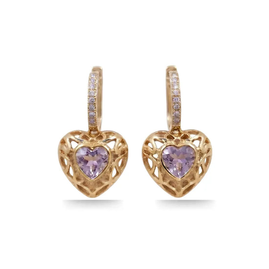 18K Gold Filled Puffed Heart Hoop Earrings with Purple Stone (30mm) – Tarnish-Proof Crystal Drop Earrings