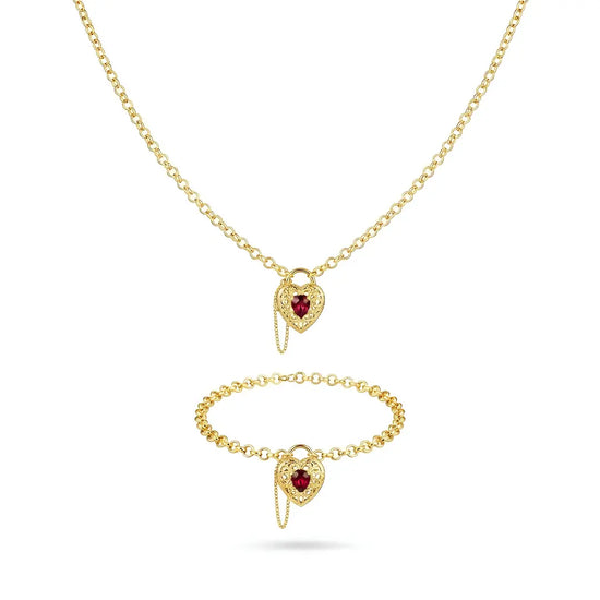 18K Gold Filled Belcher Chain Heart Necklace & Adjustable Bracelet Set – Tarnish-Proof Floral Ruby Red Crystal Jewelry