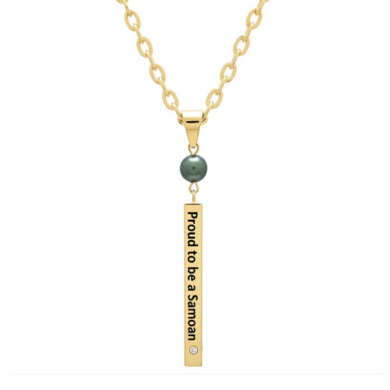 14K Gold Filled "Proud to be a Samoan" Vertical Bar Pendant Necklace – Polynesian Heritage Pearl Necklace