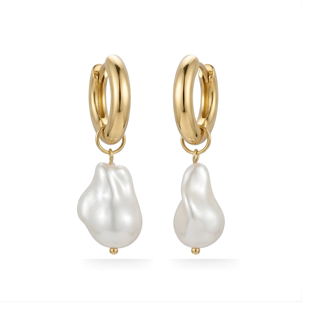 18K Gold Filled Chunky Hoop Earrings with White Baroque Pearl Drops – Organic Pearl Huggies for Women