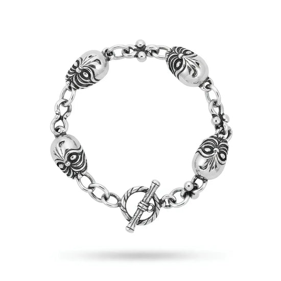 Silver Stainless Steel Tribal Skull Link Bracelet (22cm) – Tarnish-Resistant Gothic Statement Wristwear with Toggle Clasp