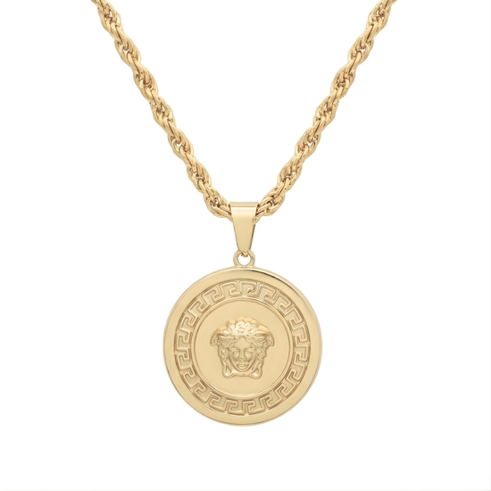18K Gold Filled Iconic Greek Medusa Head Pendant Necklace – 35mm Medallion with Rope Chain