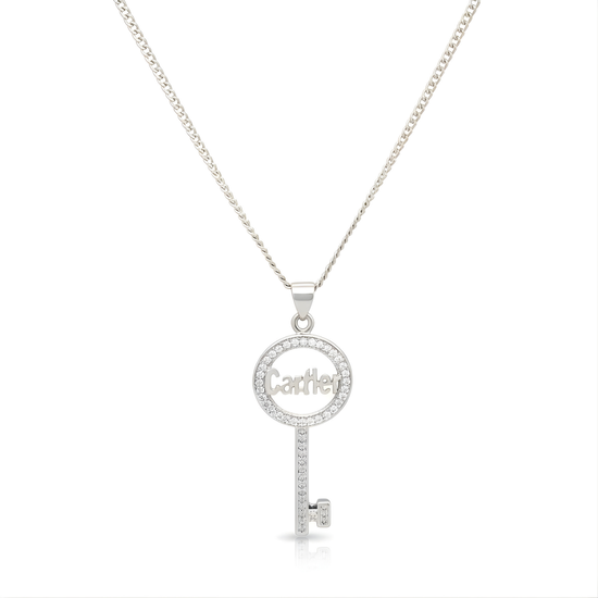 Sterling Silver American Diamond Key Pendant Necklace – Paved Script Key Pendant for Women