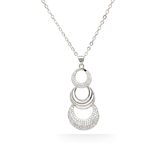 Silver Three Circle Pendant Necklace with American Diamonds – Tiered Concentric Ring Drop Necklace for Women
