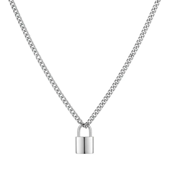 Stainless Steel Padlock Pendant Necklace with Curb Chain (60cm) – Modern Lock Charm Statement Jewelry