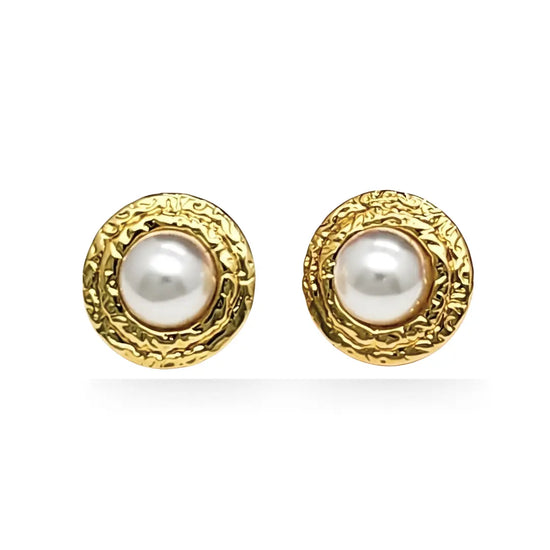 18K Gold Filled Pearl Stud Earrings – Hammered Texture Bezel Pearl Studs