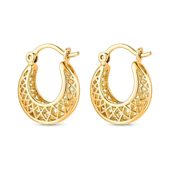 18K Gold Filled Filigree Lattice Hoop Earrings – 18mm Diamond Pattern Statement Hoops