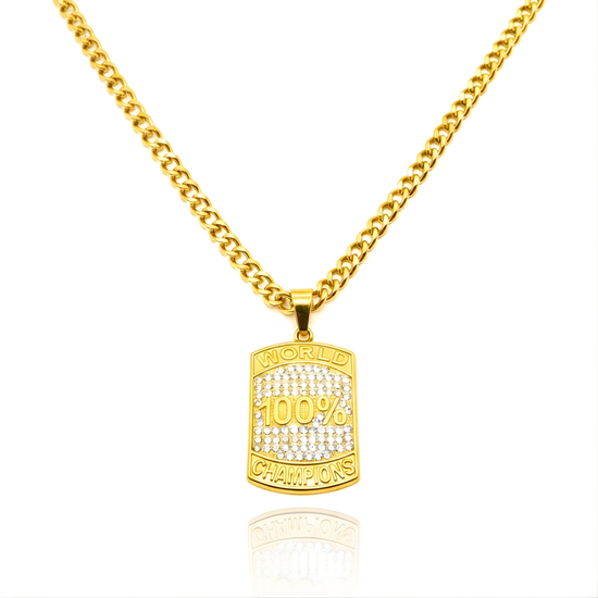 18K Gold Filled World 100% Champion Dog Tag Pendant Necklace – Iced Out Pavé CZ Curb Link Chain Necklace for Men & Women