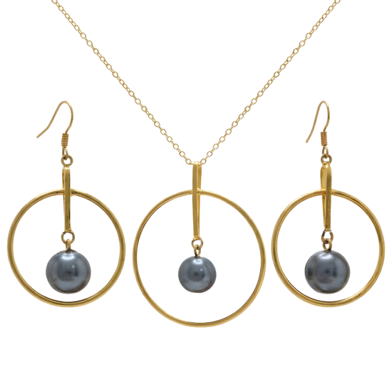 18K Gold Filled Grey Pearl Circle Pendant & Earrings Set – Geometric Circular Drop Jewelry Set for Women