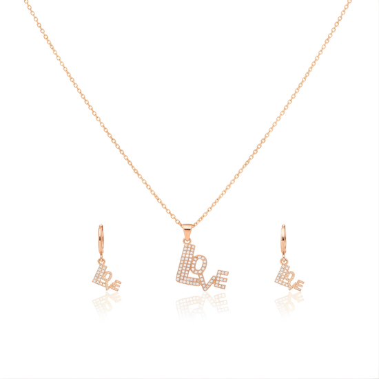 18K Rose Gold Filled LOVE Pendant Necklace With Earrings