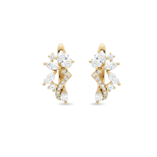 18K Gold Filled Multi-Cut CZ Cluster Huggie Earrings – Oval & Marquise Crystal Floral Huggie Hoop Earrings for Women