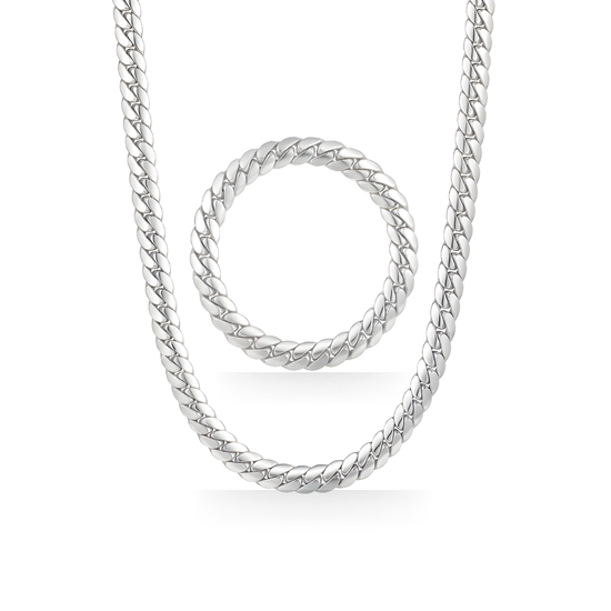 Silver Classic Cuban Link Chain & Bracelet Jewelry Set – Flat-Bevel Silver Curb Chain Matching Set for Men & Women