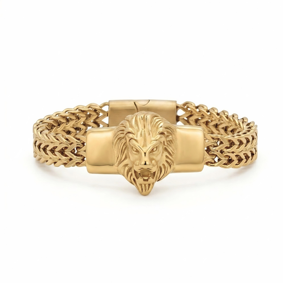 18K Gold Plated Stainless Steel Lion Head Franco Link Bracelet – Sculpted 3D Lion Centerpiece Mesh Link Bracelet for Men & Women