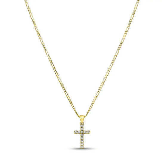 14K Gold Filled Pavé Cross Pendant Necklace – 18mm x 12mm Sparkling Cross with 60cm x 2mm Figaro Chain for Men & Women