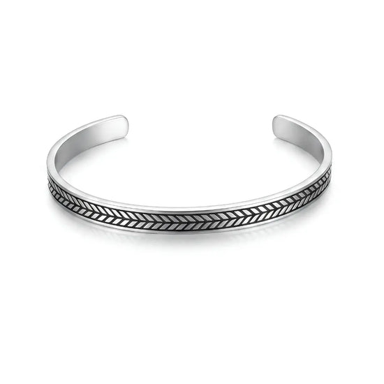 Tarnish-Proof Herringbone Open Cuff Bracelet – Adjustable Engraved Chevron Pattern Metal Bangle for Men