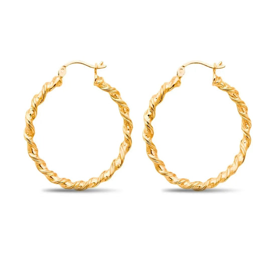18K Gold Filled Twisted Rope Hoop Earrings – 35mm x 2mm Spiral Bamboo-Textured Oval Hoops with Hinged Snap-Bar Clasp for Women