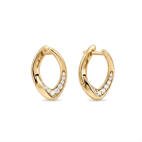 18K Gold Filled Curved Leaf Huggie Hoop Earrings with Diamonds – Pavé CZ Organic Marquise Gold Hoops for Women