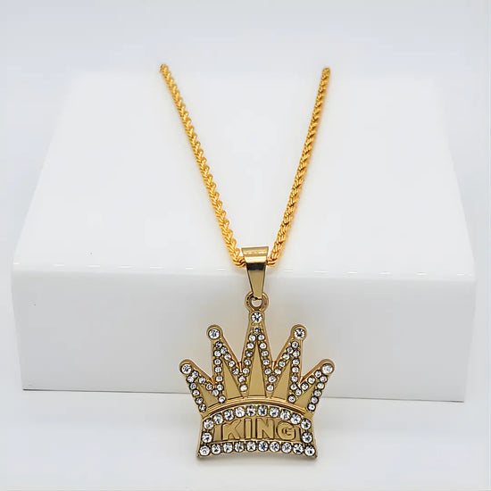 18K Gold Filled Iced Out Crown KING Pendant Necklace – Sparkling Pavé Cubic Zirconia Royalty Chain for Men & Women