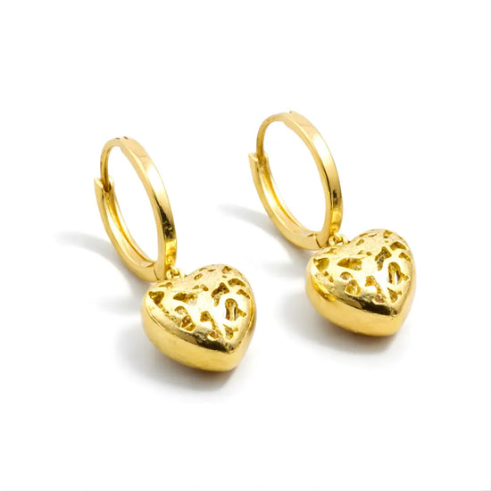 18K Gold Filled Filigree Puffed Heart Hoop Earrings – Dangle Heart Huggie Hoops