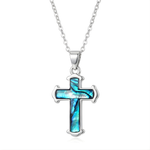 Load image into Gallery viewer, Silver Paua Shell Cross Necklace 45cm Cable Chain