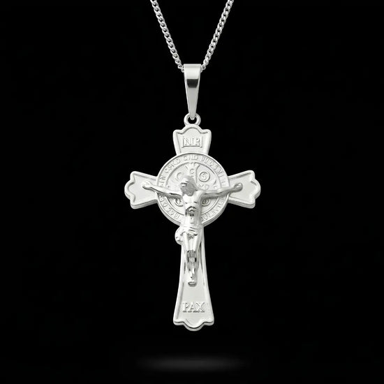 Silver Saint Benedict Crucifix Pendant Necklace with Snake Chain - 40x30mm