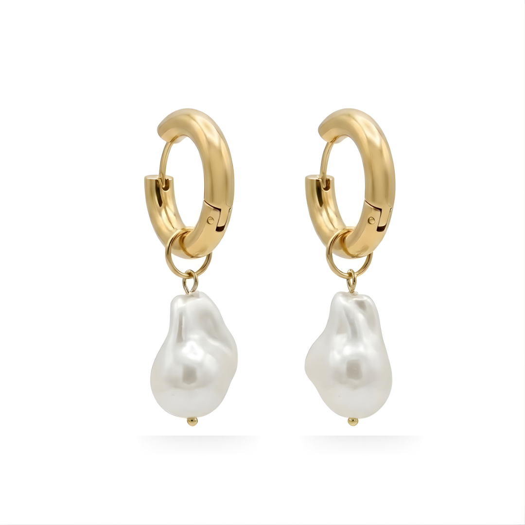 18K Gold Filled Chunky Hoop Earrings with White Baroque Pearl Drops – Organic Pearl Huggies for Women