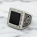 Load image into Gallery viewer, Men's Onyx Stainless Steel square CZ ring