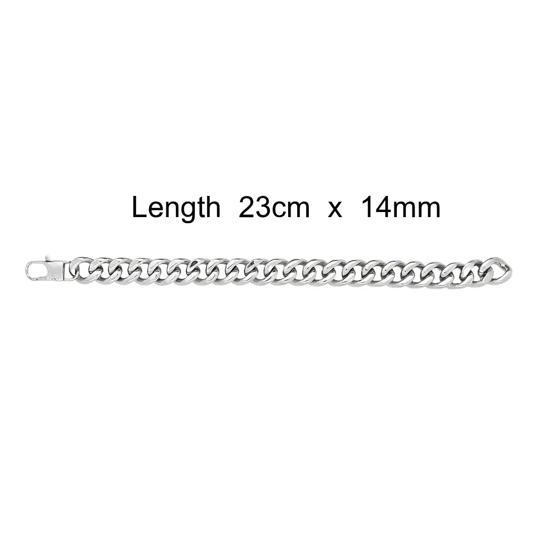 Silver Stainless Steel Cuban Link Bracelet – 23cm 14mm Bold Curb Chain with Double Safety Box Clasp for Men