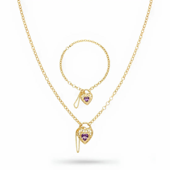 18K Gold Filled Belcher Chain Heart Necklace & Adjustable Bracelet Set – Tarnish-Proof Floral Crystal Jewelry