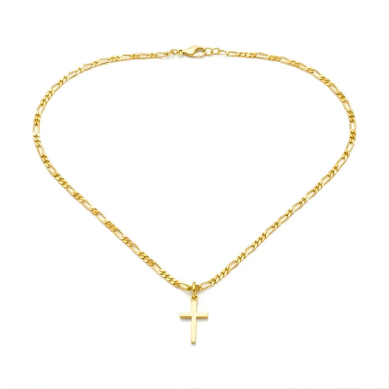 14K Gold Filled Latin Cross Necklace – 18mm Polished Cross Pendant with 58cm x 2mm Italian Figaro Chain for Men & Women