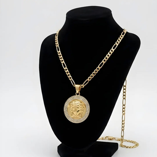 18K Gold Filled Greek Medusa Head Pendant Necklace with CZ Diamonds – Figaro Chain Medallion