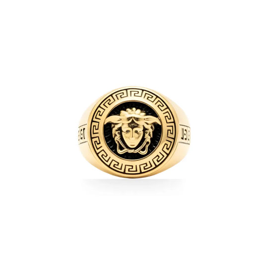 18K Gold Filled Medusa Mythic Head Signet Ring – Greek Key Statement Ring for Men & Women