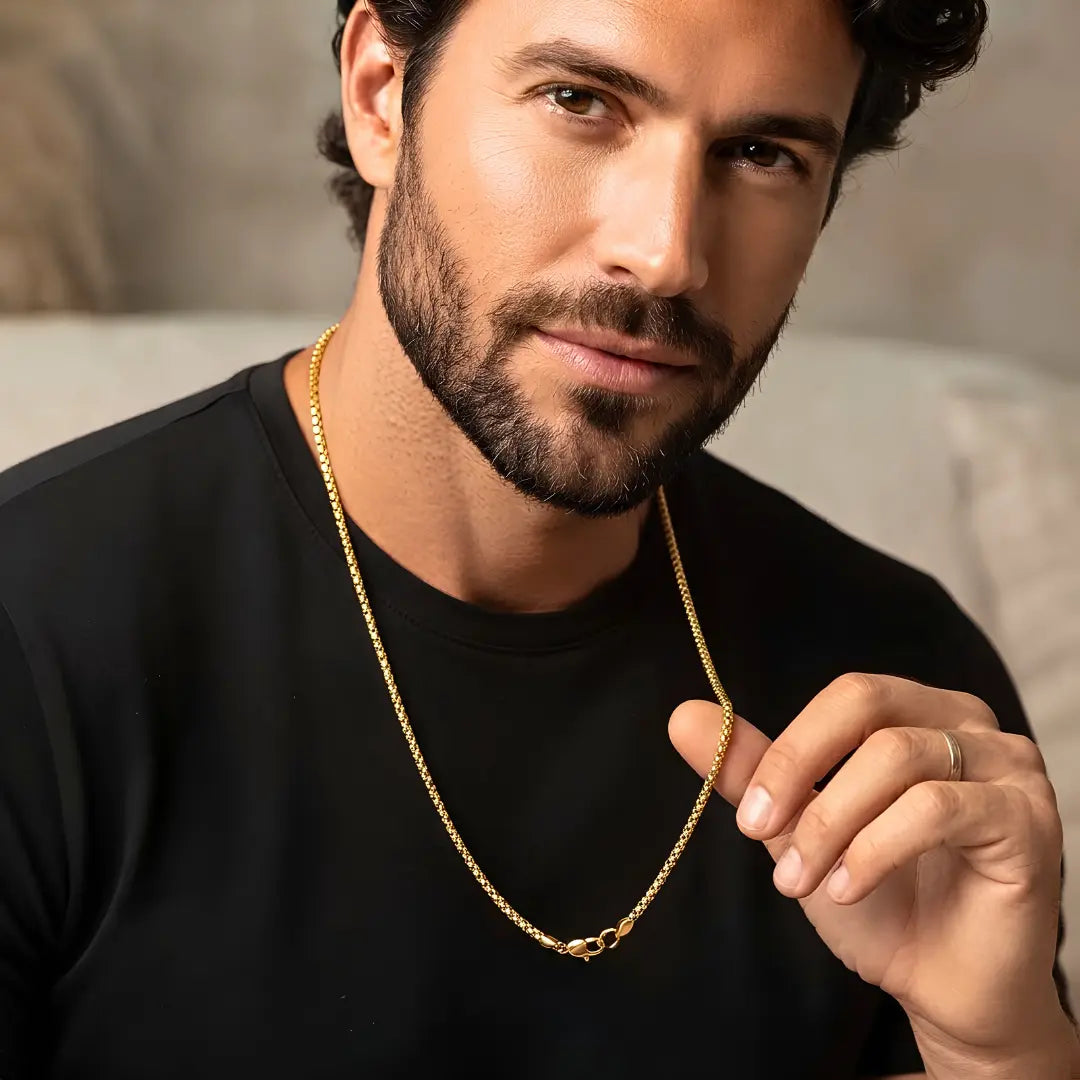 18K Gold Filled Square Byzantine Chain Necklace – 68cm 3mm Diamond-Cut Fluted Link Chain for Men & Women