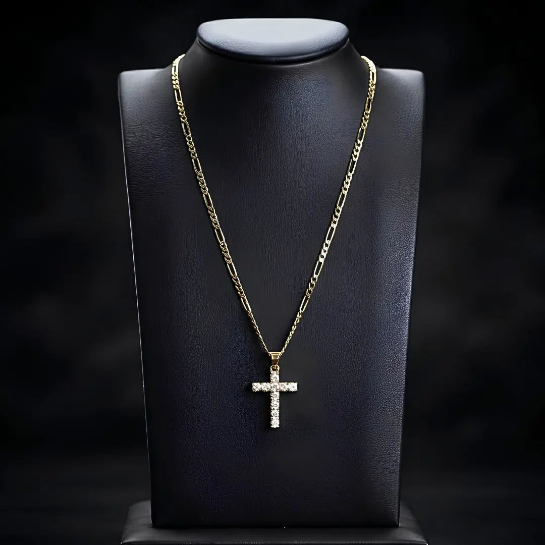14K Gold Filled Pavé Cross Pendant Necklace – 18mm x 12mm Sparkling Cross with 60cm x 2mm Figaro Chain for Men & Women