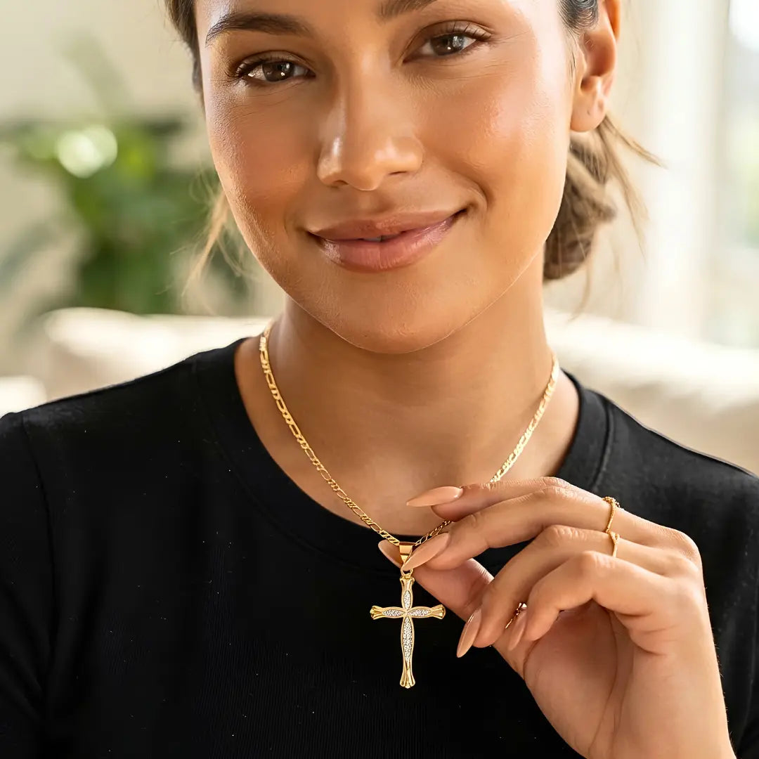 18K Gold Filled Pavé Cross Pendant Necklace – 30mm x 18mm Flared Cross with 58cm x 2mm Figaro Chain for Men & Women