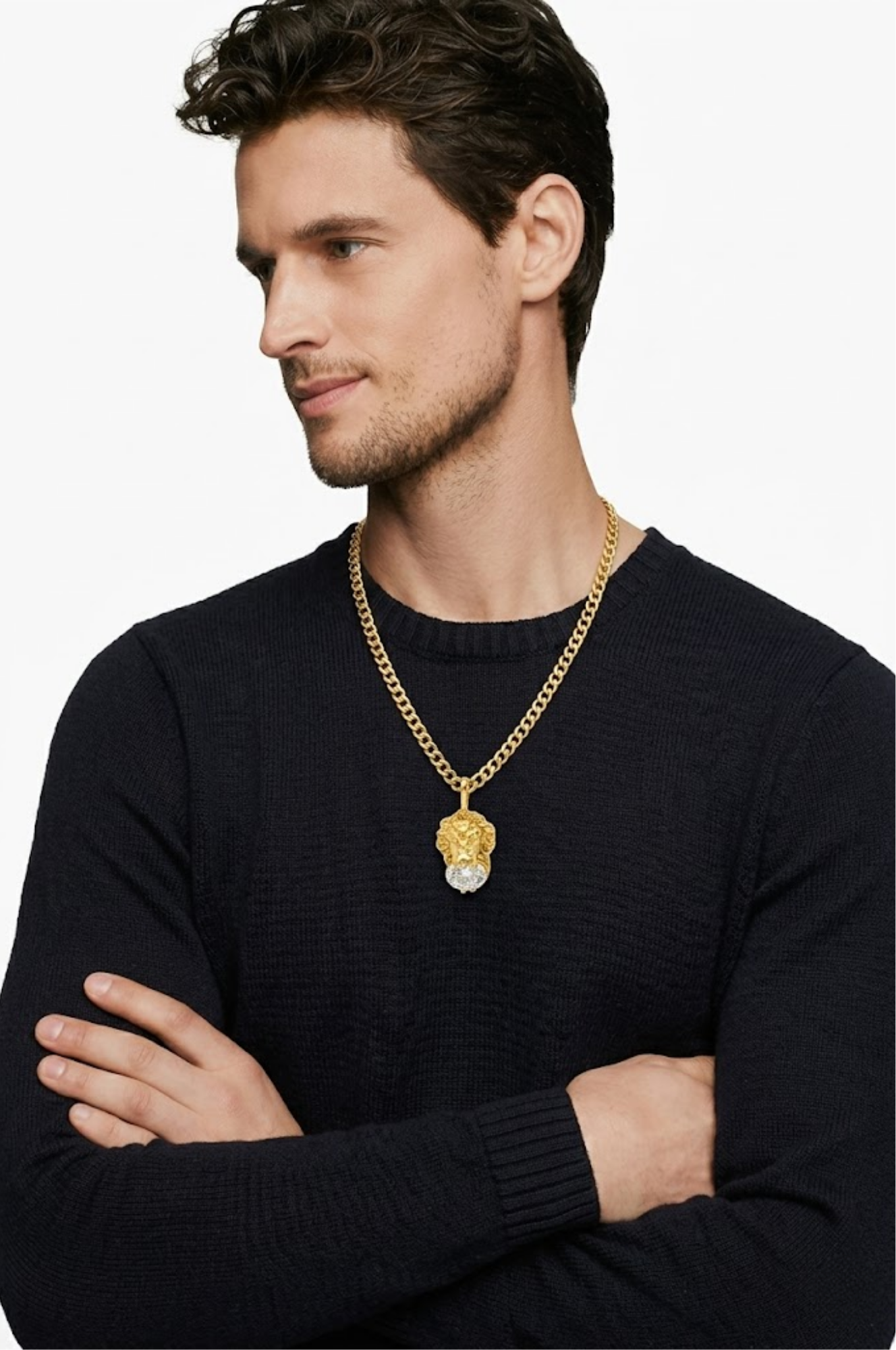 18K Gold Filled Lion Head Pendant Necklace with Solitaire Crystal – Unisex Curb Chain Fine Jewelry