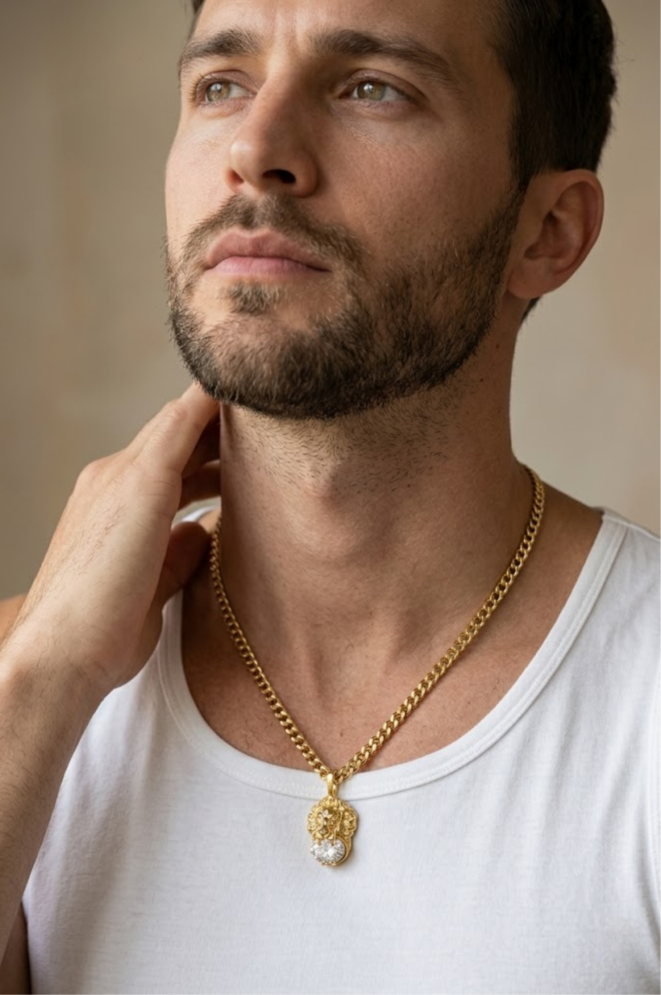 18K Gold Filled Lion Head Pendant Necklace with Solitaire Crystal – Unisex Curb Chain Fine Jewelry