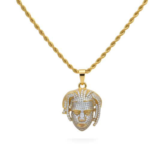 18K Gold Filled Micro-Pavé Dreadlocks Face Pendant Necklace – Iced Out 3D Figure CZ Rope Chain Necklace for Men & Women