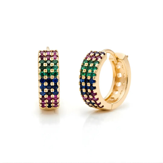 18K Gold Filled Multicolored Rainbow CZ Huggie Hoop Earrings – Wide Triple-Row Gemstone Hoops
