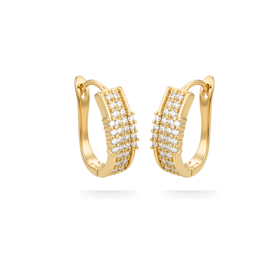 18K Gold Filled Reversible Triple-Row Pavé CZ Huggie Earrings – 18mm 2-in-1 Oval Hoop Earrings for Women