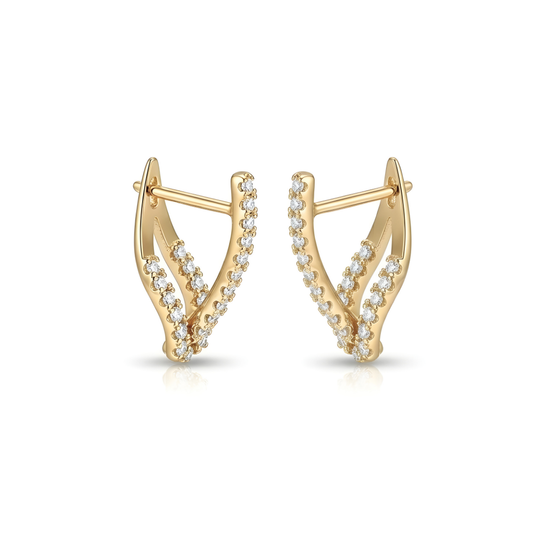 18K Gold Filled Cross-Over V-Shape CZ Huggie Earrings – Double-Row Pavé Chevron Hoop Earrings for Women