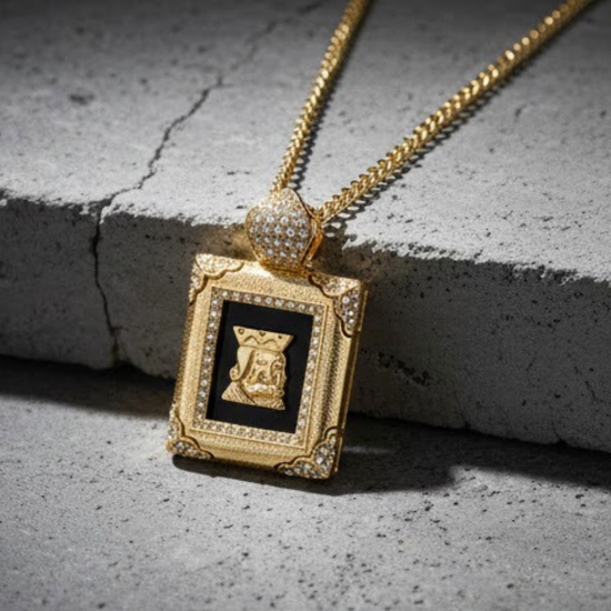 14K Gold Filled Frame Pendant Necklace – Rectangular Black Stone & Gold Medallion Charm