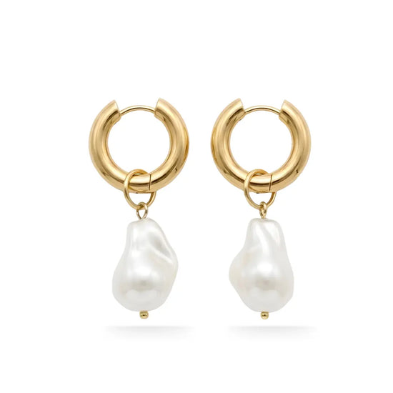 18K Gold Filled Chunky Hoop Earrings with White Baroque Pearl Drops – Organic Pearl Huggies for Women