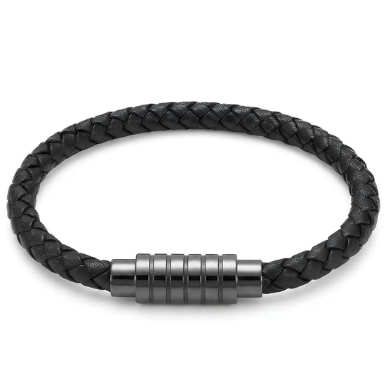 Braided Black Leather Bracelet with Gunmetal Magnetic Clasp (21cm) – Rugged Men's Casual Wristwear