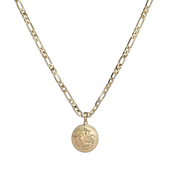 18K Gold Filled 1918 Sovereign Coin Pendant Necklace – 24mm x 24mm Medallion with 60cm 4mm Figaro Chain for Men & Women