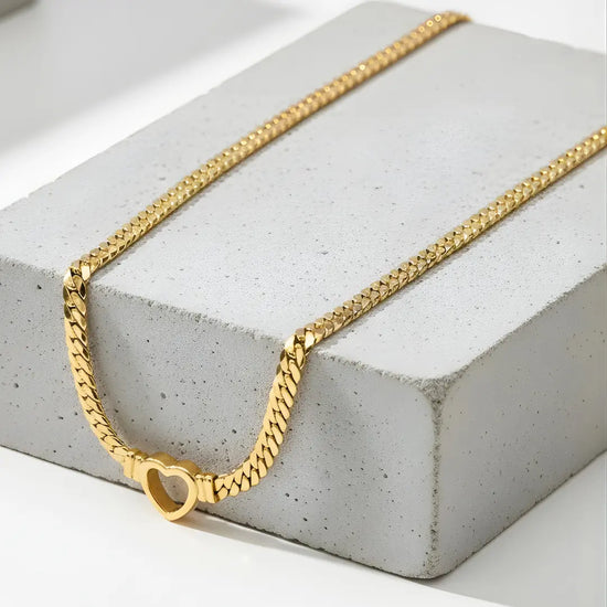 18K Gold Filled Central Heart Cuban Link Chain Necklace – Bold Statement Collar Necklace for Women